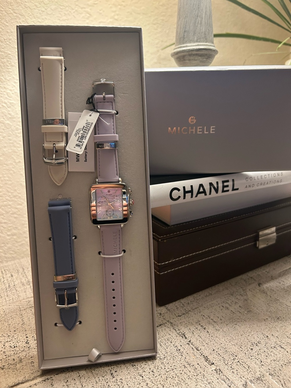 Michele Deco Sport Chronograph 36mm Watch with Lavender, Blue and Cream Straps